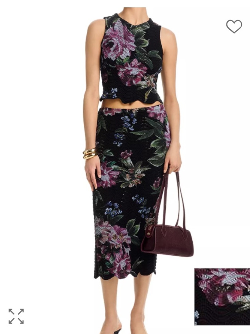 Aqua Black Knit Floral Sleeveless Tank and Skirt with Pink Blooms